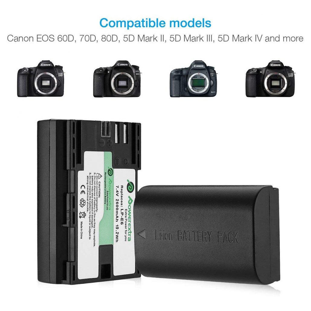 2 Pack Canon LPE6 7.4V 2600mAh Liion Replacement Battery for Canon EOS 60D