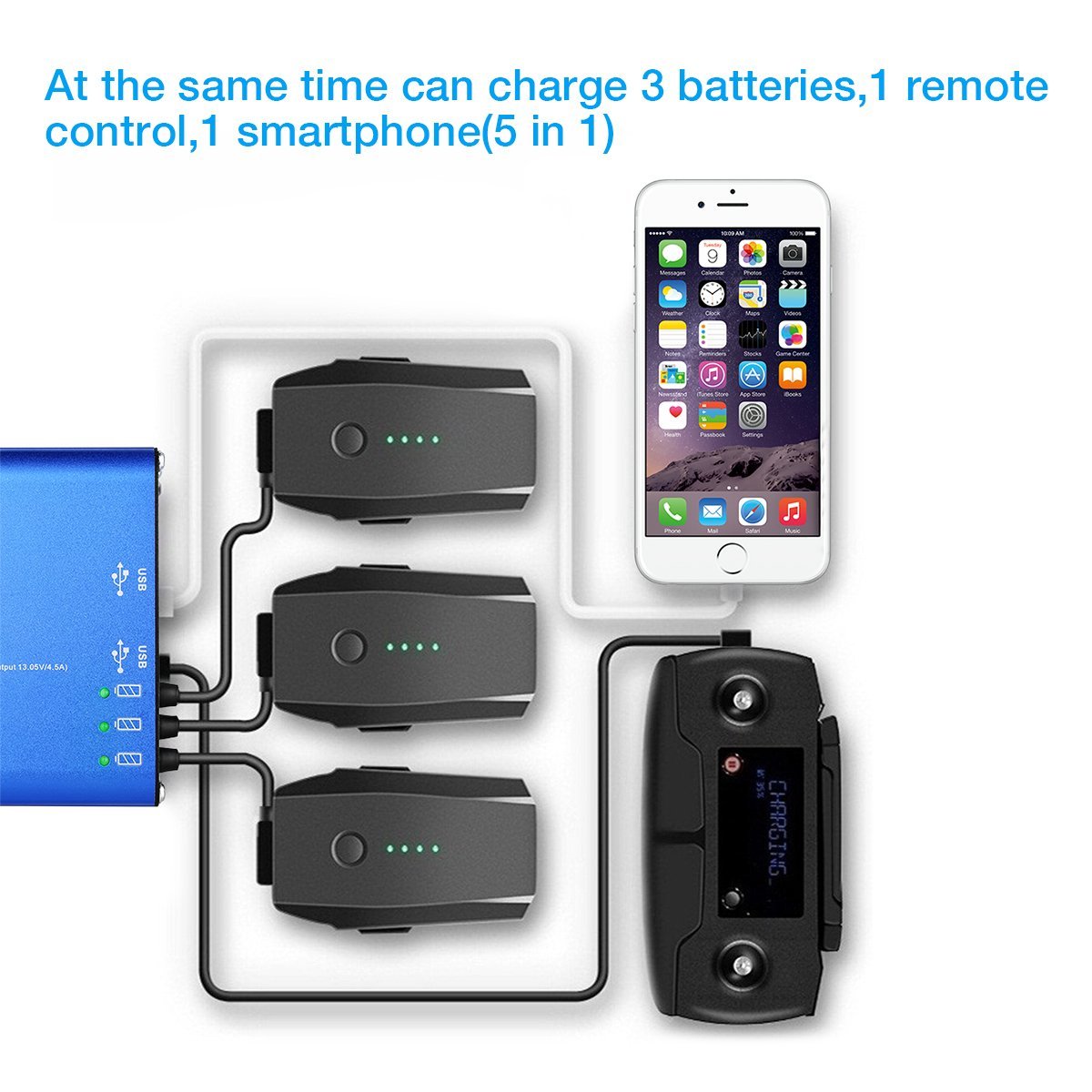 Compatible with DJI Mavic 2 Pro/Zoom 5 in 1 Rapid Smart Battery Charger Hub Charge 3 Batteries & 2 USB Ports Simultaneously Upgrade Grounded Powerextra Mavic 2 Pro & Zoom Battery Charger 